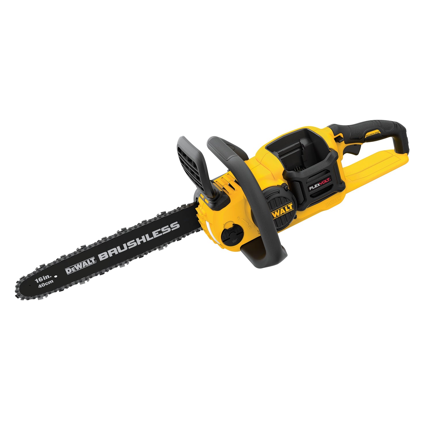 16-inch cordless brushless chainsaw with 60V battery, ergonomic handle, and low-kickback guide bar and chain