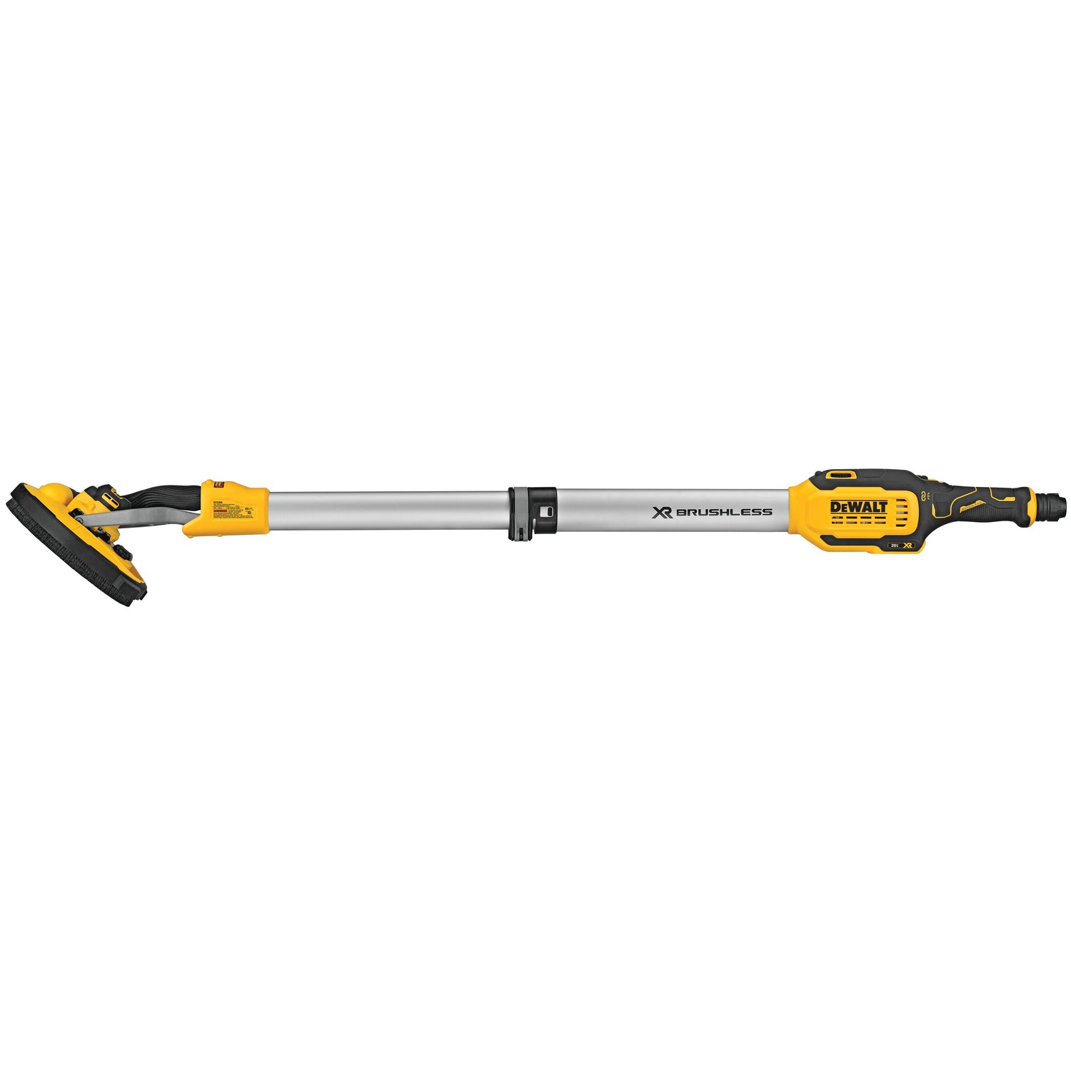 Cordless drywall sander with brushless motor, extendable handle, quick dust extraction connection, and ergonomic grip design