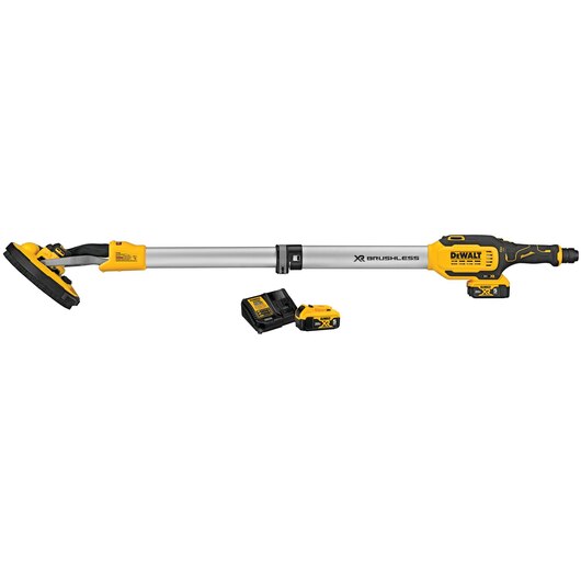Cordless drywall sander with brushless motor, extendable handle, quick dust extractor connection, battery, and charger included