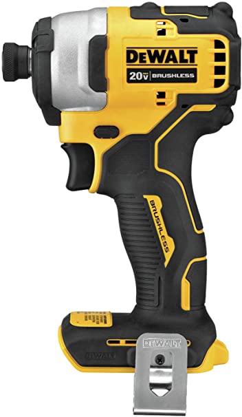 Compact 20V brushless impact driver in yellow and black with ergonomic grip and metal belt clip designed for tight spaces.