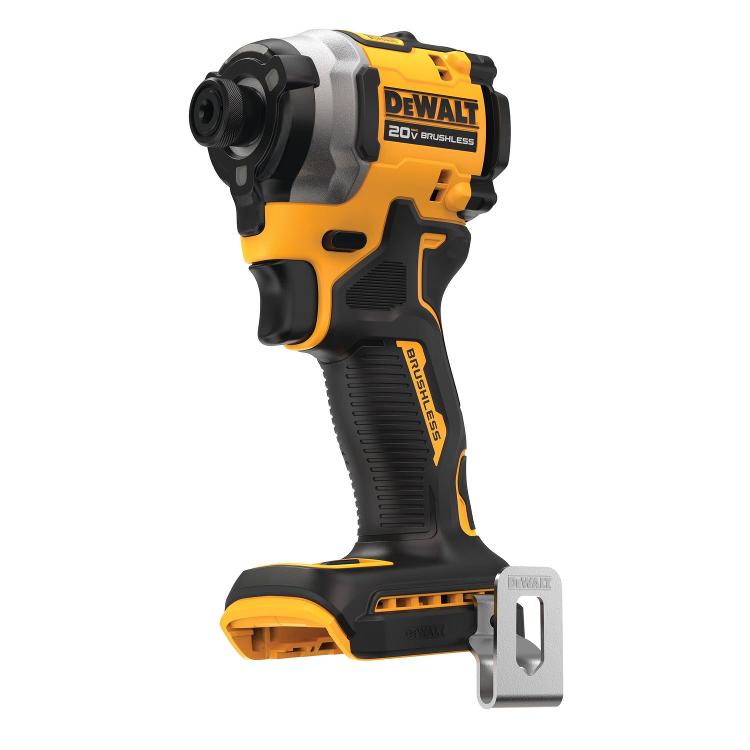 Cordless 1/4 inch impact driver with brushless motor, 20V MAX power, ergonomic grip, and metal belt clip