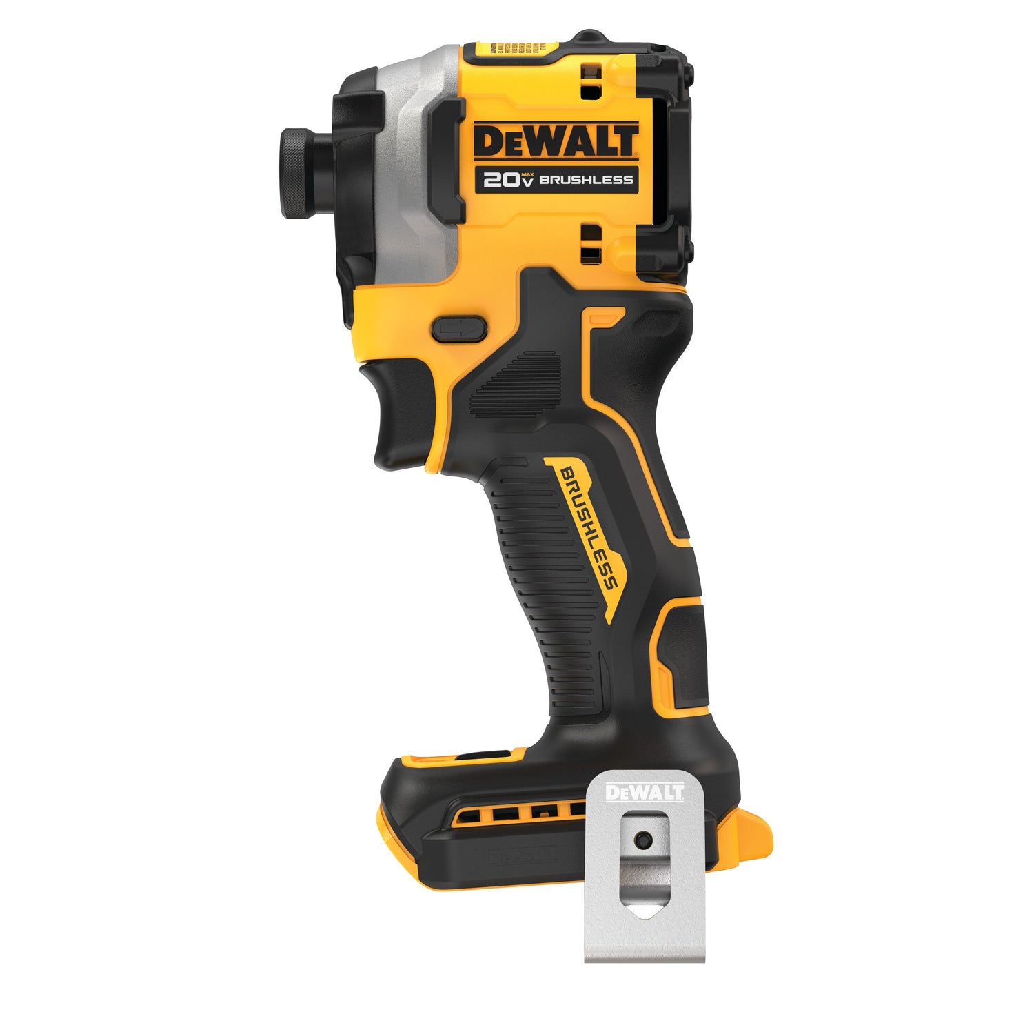 Compact 20V brushless 1/4 inch impact driver with ergonomic grip and metal belt clip for tight spaces and cordless use