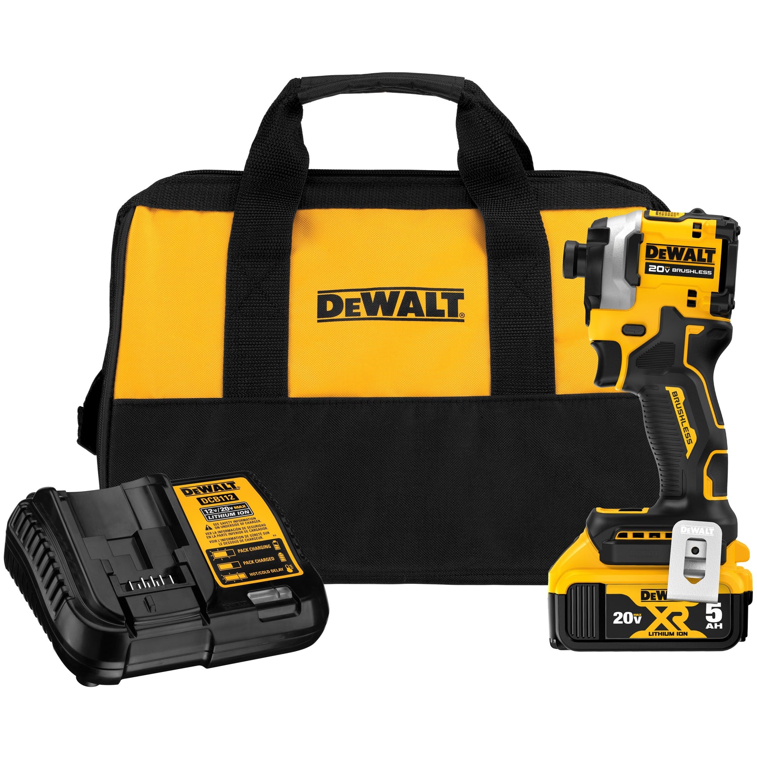DeWalt 20V 5Ah brushless 1/4-inch impact driver kit with charger and yellow black carrying bag