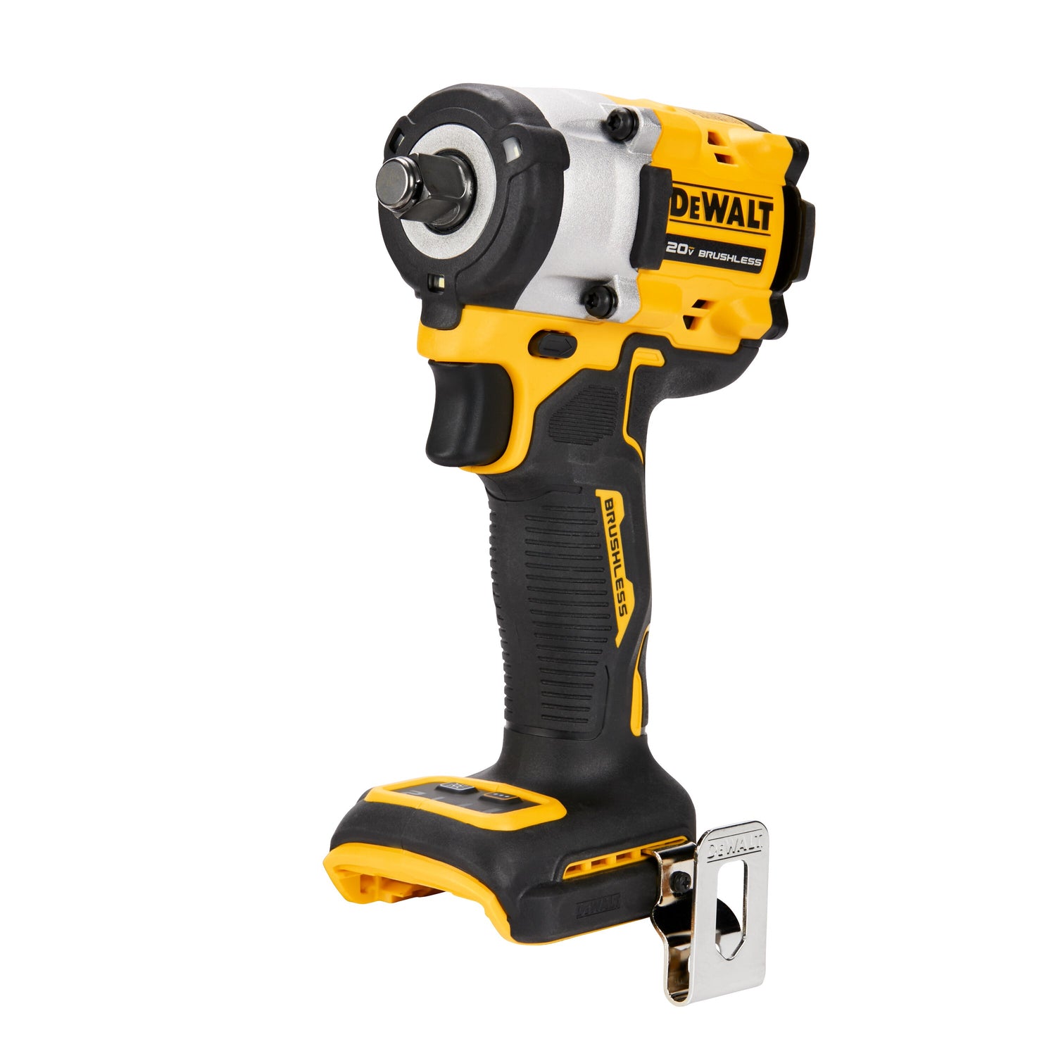 Compact cordless 1/2 inch impact wrench with yellow and black design, ergonomic grip, and metal belt hook