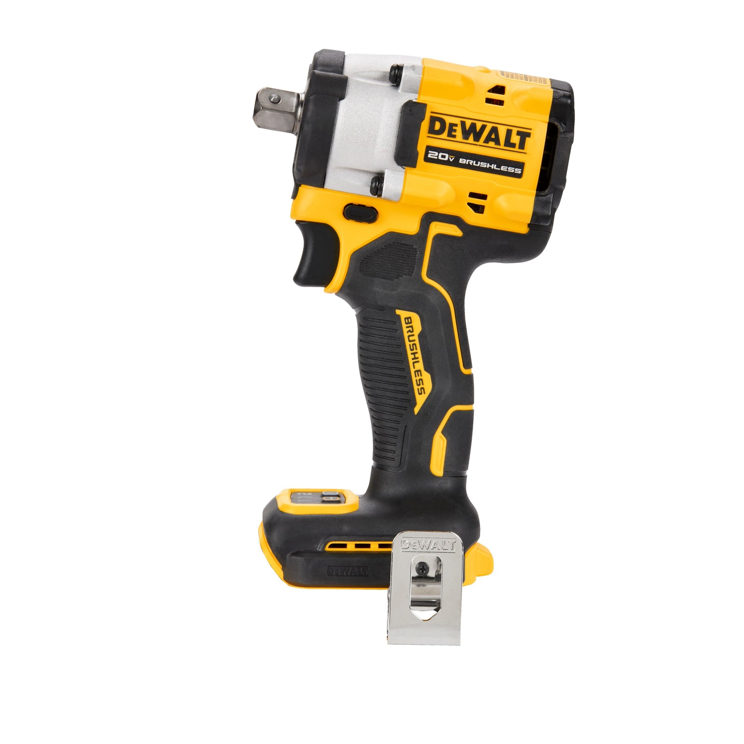 Compact 20V brushless cordless 1/2 inch impact wrench with ergonomic grip and metal belt clip