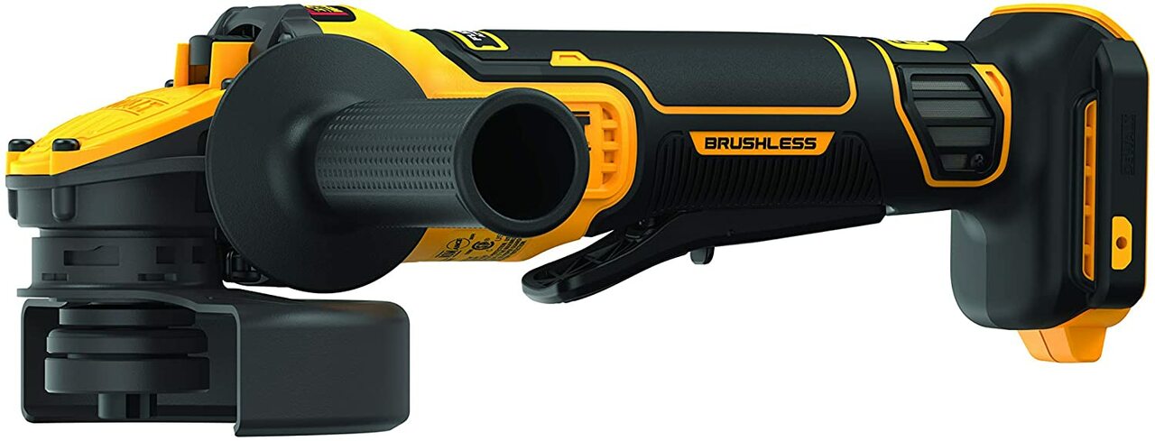 20V cordless brushless angle grinder with ergonomic grip, side handle, and protective guard for heavy-duty grinding tasks