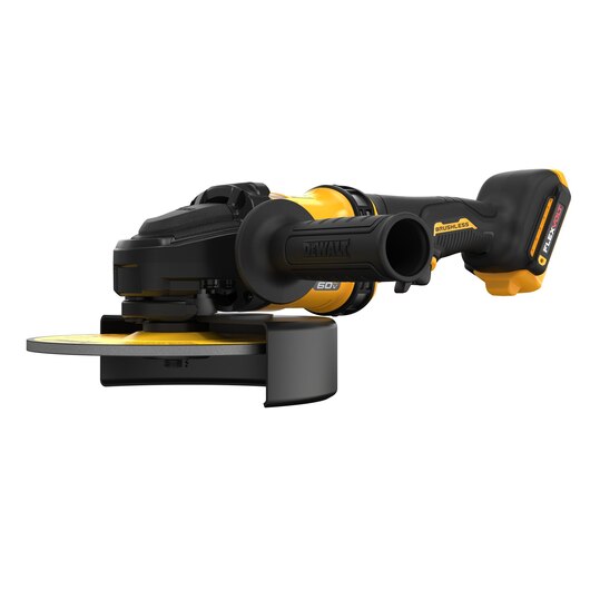 7-inch cordless DEWALT FLEXVOLT angle grinder with 60V battery, ergonomic handle, and protective blade guard