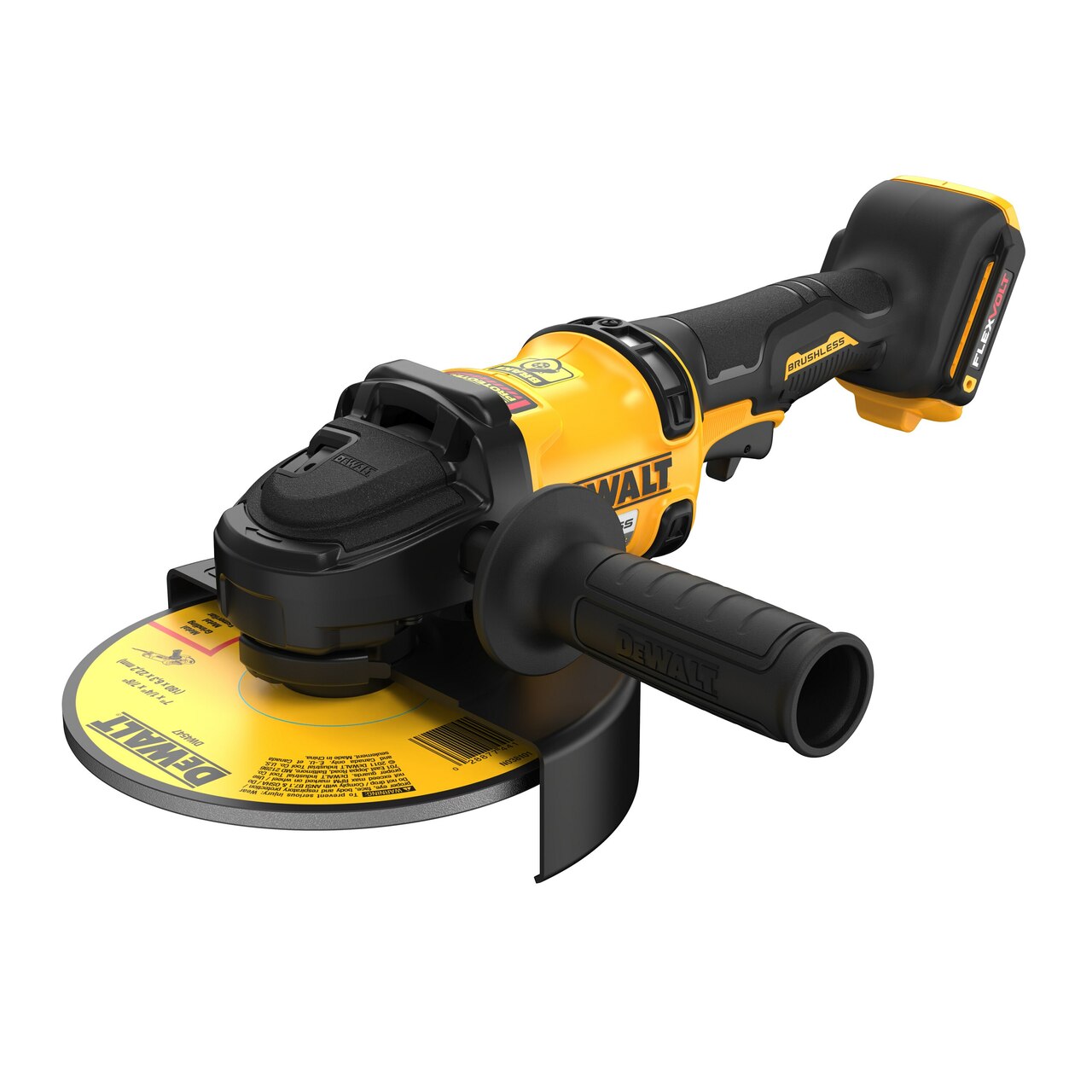 7-inch 60V DEWALT FLEXVOLT cordless angle grinder with ergonomic handle and protective safety guard for heavy-duty grinding tasks