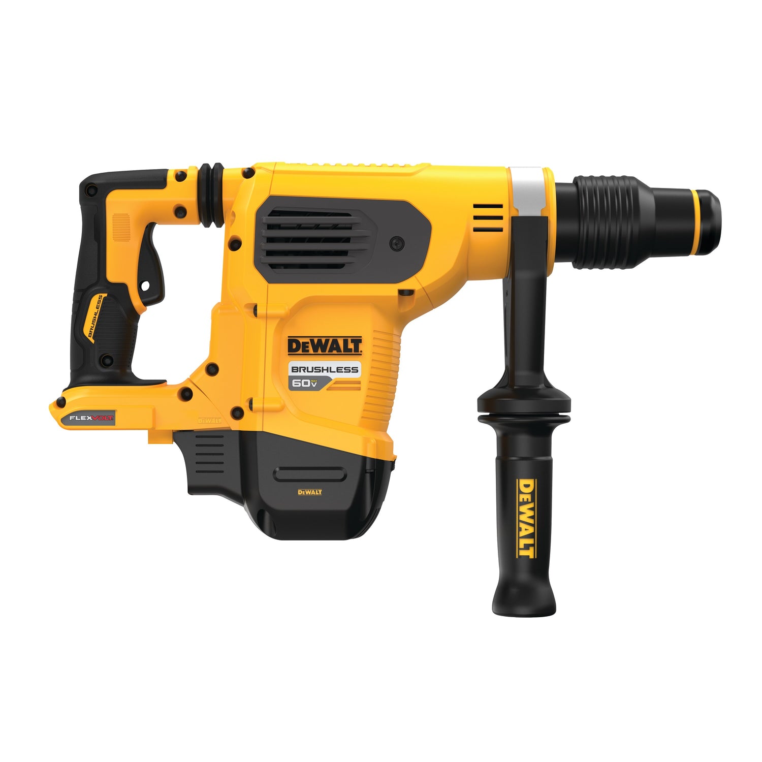 60V cordless rotary hammer drill with vibration control system and ergonomic side handle for improved user comfort