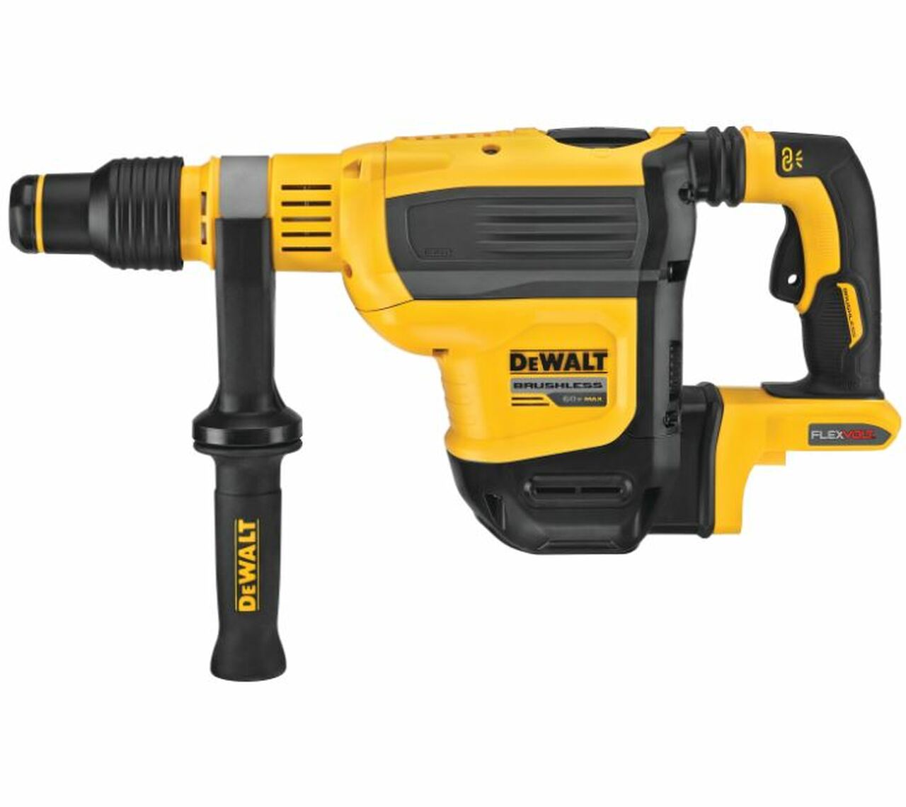 Cordless DeWalt FLEXVOLT rotary hammer drill with SDS MAX 1-3/4 inch bit capacity and ergonomic handle design