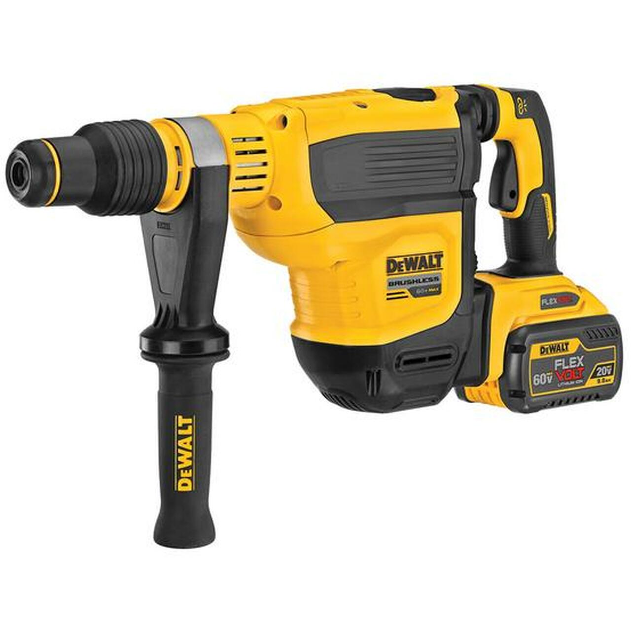Cordless yellow and black rotary hammer drill with side handle and FLEXVOLT 60V 9AH battery pack