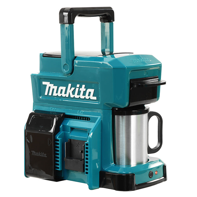 Cordless Makita coffee maker with 18V-12V battery cover, automatic water level safety shutdown, stainless steel cup included