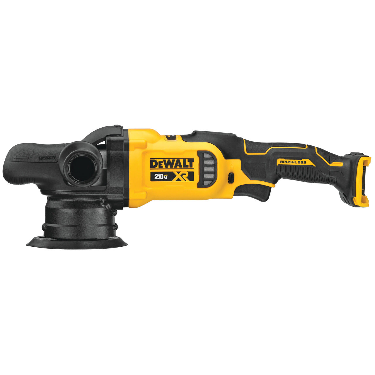 20V cordless Dewalt 5-inch brushless polisher with adjustable trigger and rubber-molded gear housing for surface protection