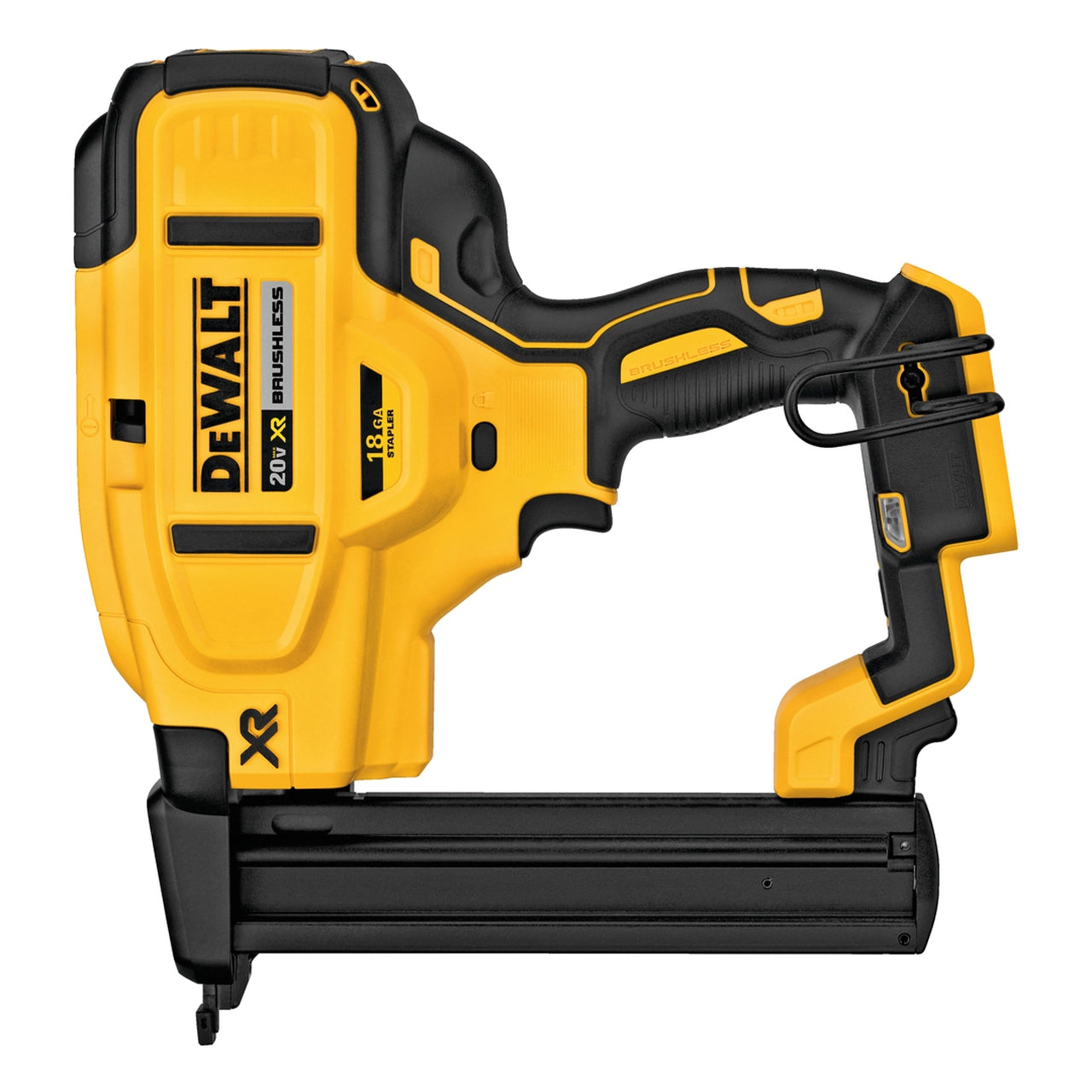 Cordless 20V Dewalt 18ga narrow crown nailer with brushless motor, tool-free trigger, and bottom loading magazine