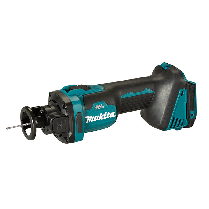 Cordless drywall cutout tool with brushless motor, ergonomic grip, high power, and low vibration design