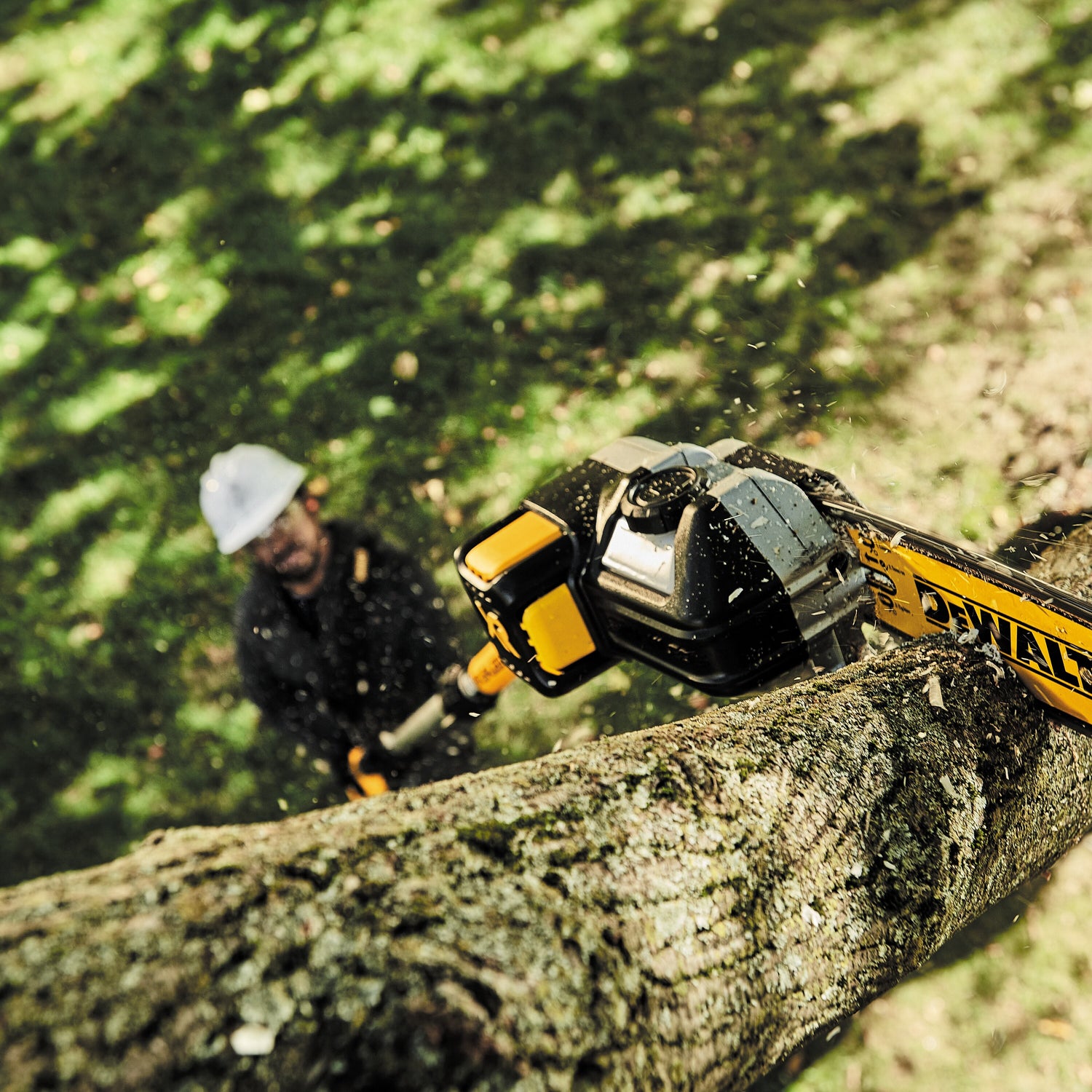 Cordless telescopic pole chainsaw cutting a large tree branch with visible bark and wood chips flying