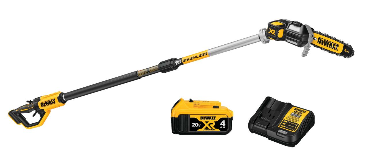Telescopic 20V cordless brushless pole chainsaw with 8-inch guide bar, battery, and fast charger kit