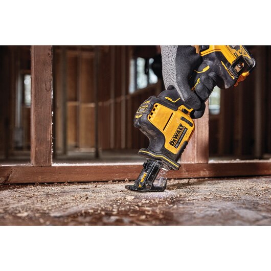 20V cordless reciprocating saw with LED light, tool-free blade change, and variable speed trigger for precise cutting
