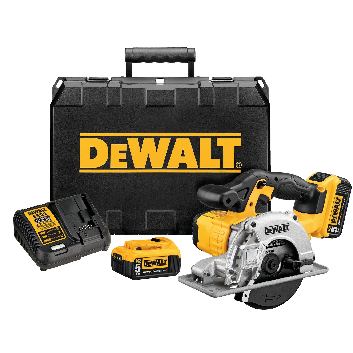 DeWALT cordless metal saw kit with 5Ah battery, charger, durable carrying case, and high-strength steel shoe base