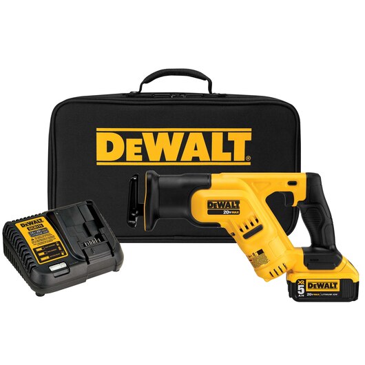 Compact 20V MAX cordless reciprocating saw kit with 5Ah battery, charger, and branded carrying case
