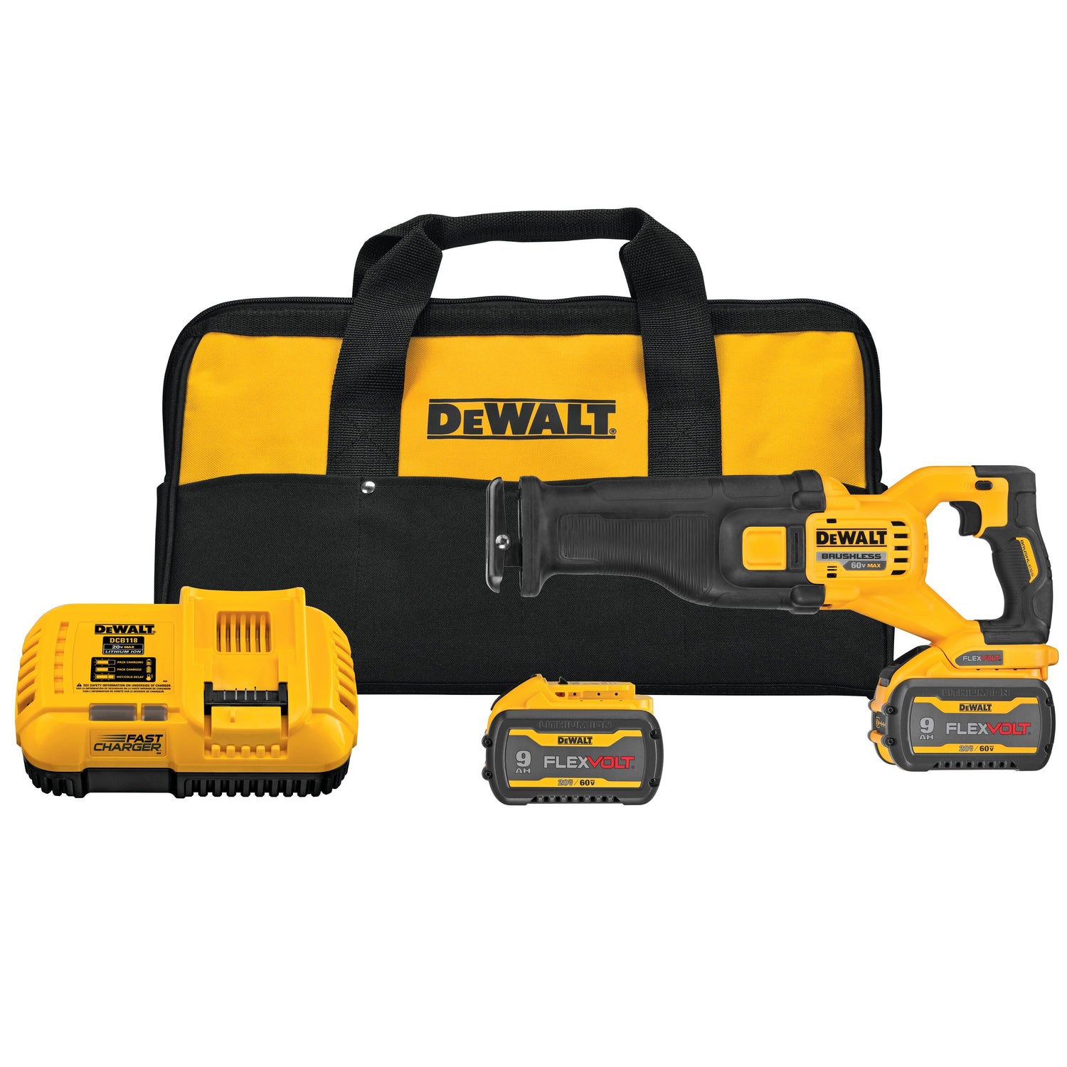 DeWalt 60V cordless reciprocating saw kit with two FLEXVOLT batteries, fast charger, and branded carrying bag