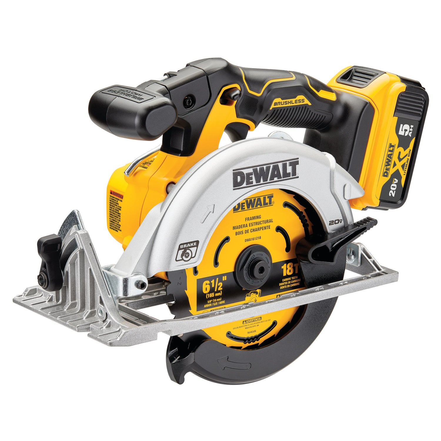 6-1/2 inch cordless brushless circular saw with 20V MAX lithium battery, ergonomic handle, and metal base plate