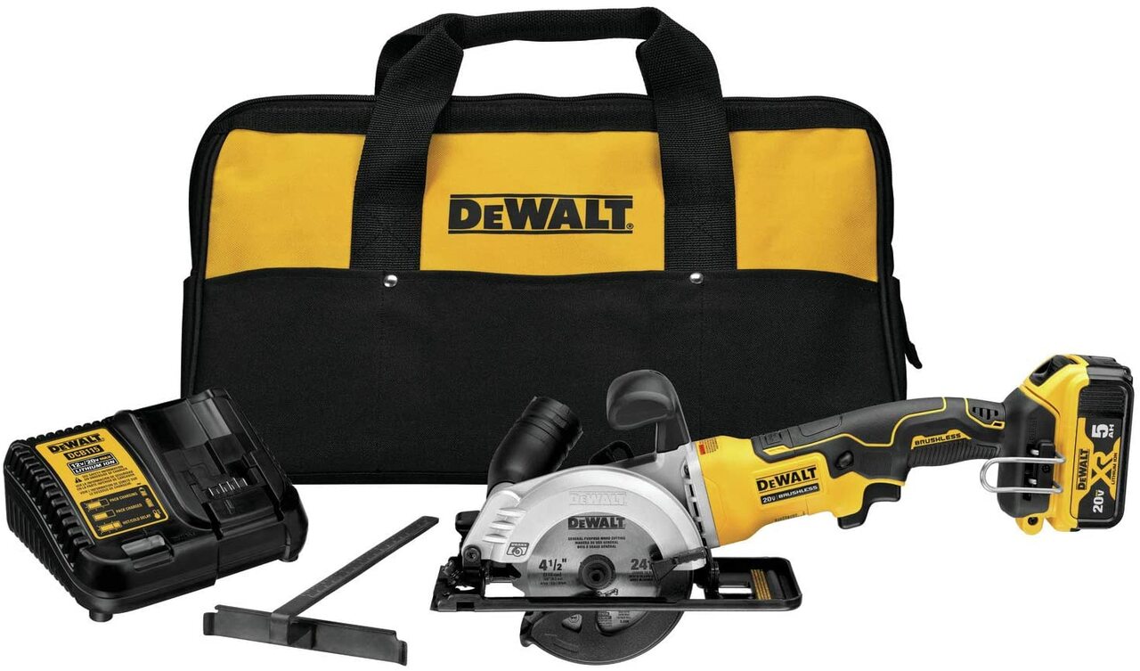 DeWalt 4-1/2 inch cordless circular saw kit with 5Ah battery, charger, blade key storage, and carrying bag