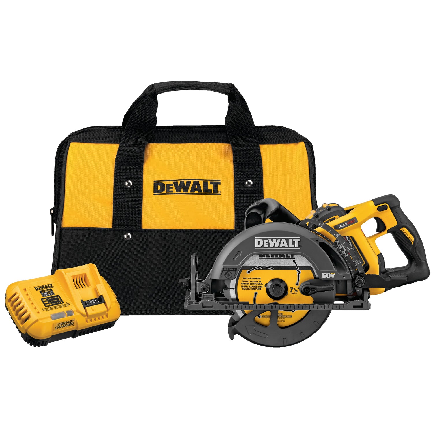 18V cordless circular saw with 7 1/4 inch blade, 9Ah battery, charger, and black-yellow DEWALT carrying bag