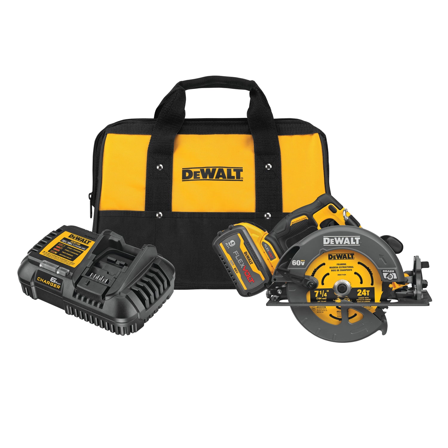 60V Flexvolt cordless circular saw kit with 9Ah battery, fast charger, and branded carrying bag