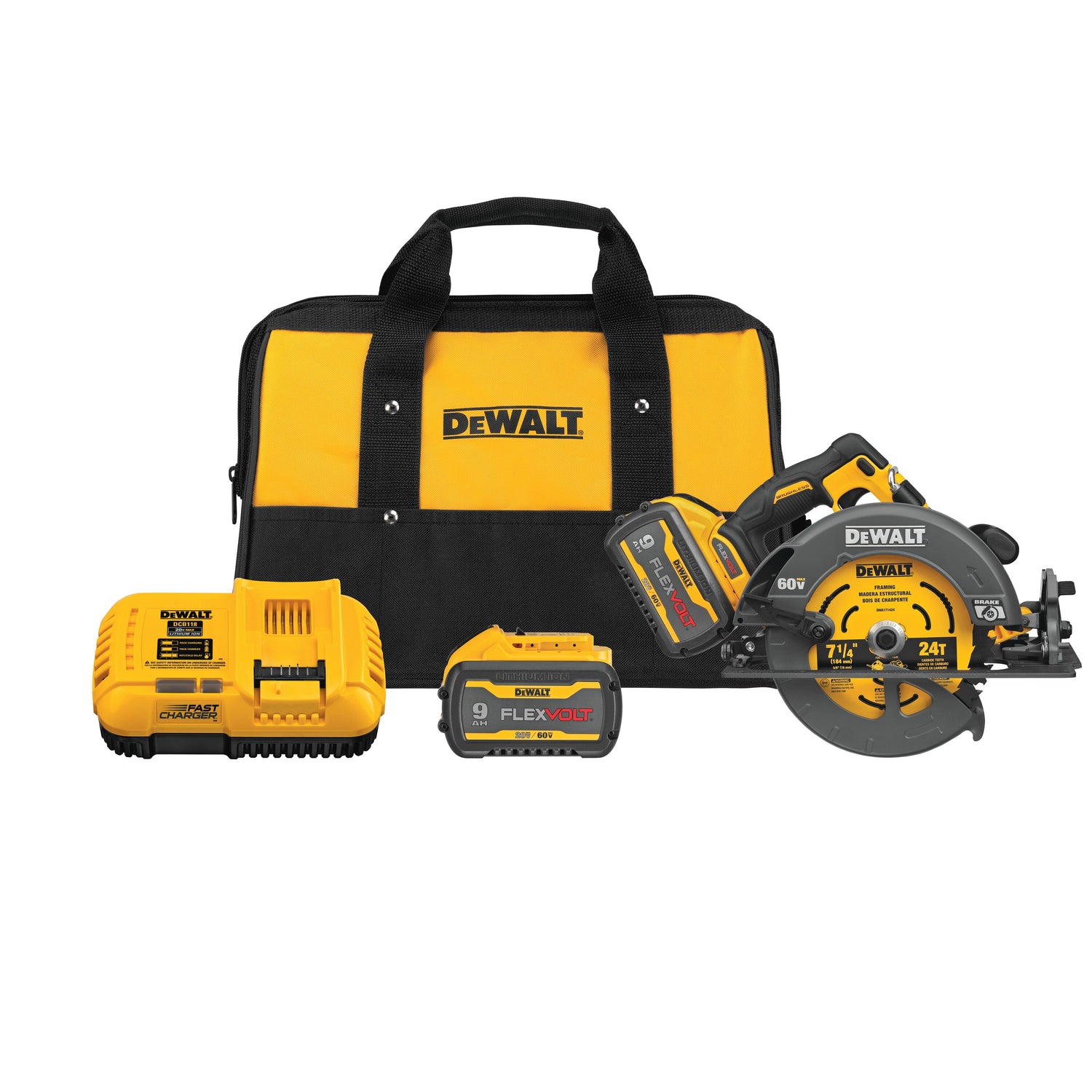 DeWalt 7-1/4 inch cordless circular saw kit with 60V 9Ah battery, fast charger, and branded carrying bag