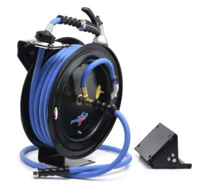 18 gauge powder-coated steel water reel with 5/8" x 50' flexible blue rubber hose and 6ft inlet hose