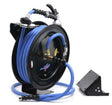 18 gauge powder-coated steel water reel with 5/8" x 50' flexible blue rubber hose and 6ft inlet hose