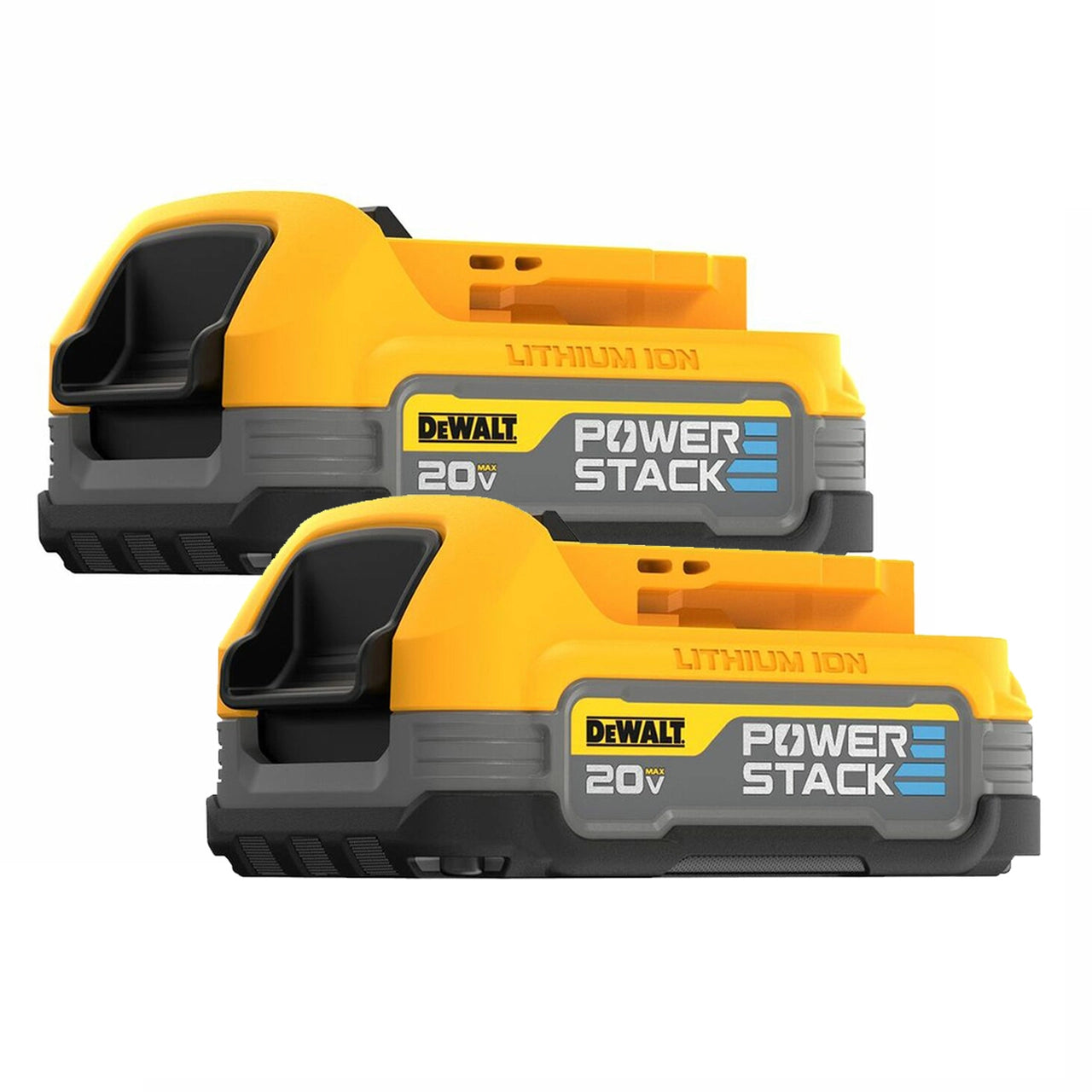 Pack of two DEWALT 20V MAX Powerstack lithium-ion batteries with compact, high-capacity design for heavy-duty use