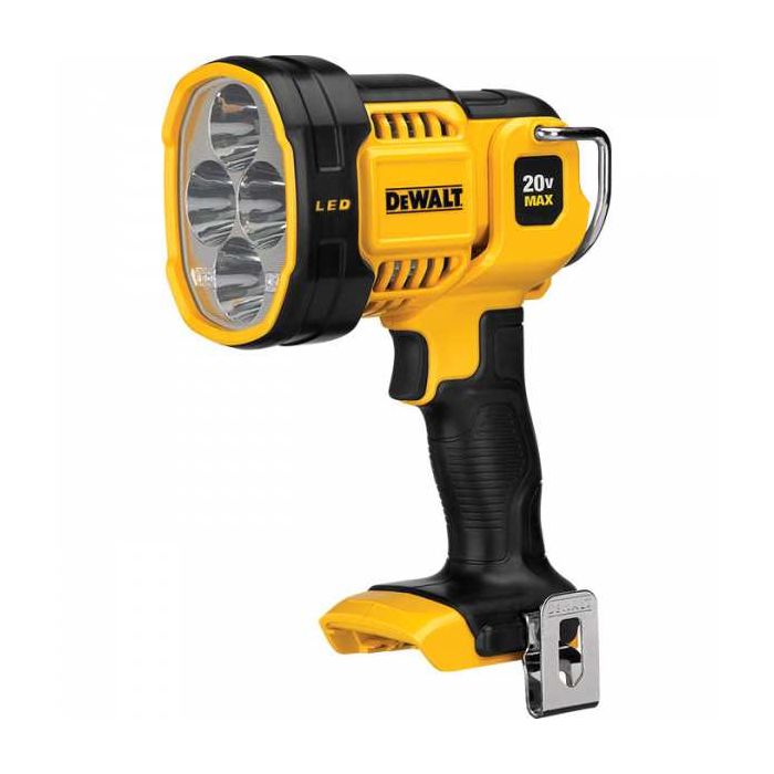 DEWALT 20V MAX cordless spotlight with three bright LEDs, ergonomic grip, and metal belt clip for job site use