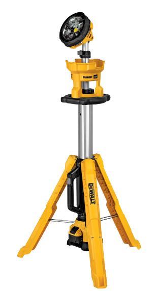 Cordless DEWALT 20V MAX tripod lamp with adjustable head, durable yellow frame, and built-in handle for portable job site lighting