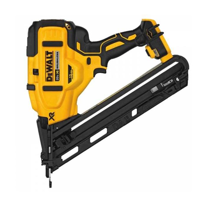 Cordless Dewalt angled nailer with tool-free mode switch and depth adjustment for precise nailing tasks