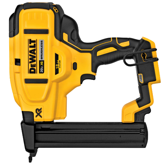 Cordless 20V DEWALT 18 gauge narrow crown stapler with brushless motor and ergonomic handle design