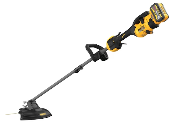 Cordless 60V DEWALT string trimmer with QuickLoad spool, adjustable handle, and compact battery pack attachment