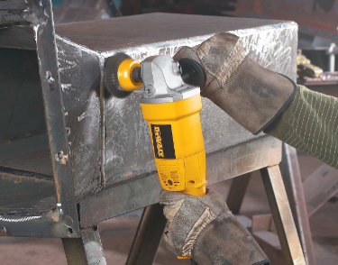 Yellow and black 5-inch DEWALT grinder with 12 amp motor and high-speed operation for efficient material removal