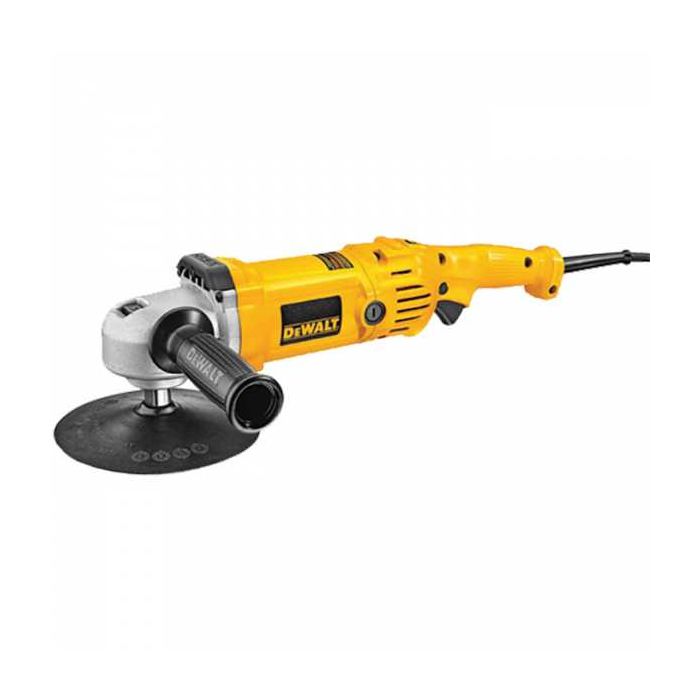 Variable speed 18-23 cm DeWalt polisher with 12-amp motor, ball bearing construction, and electronic control system
