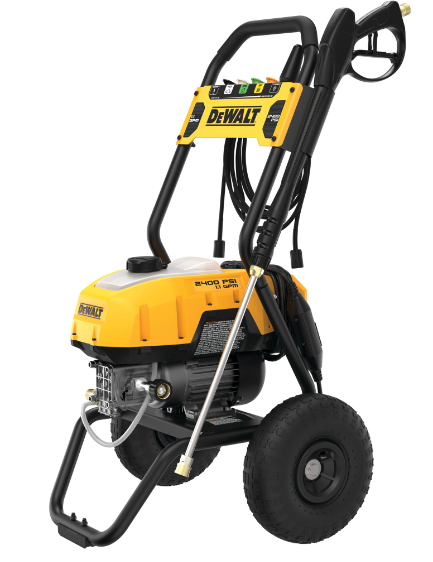 DeWalt pressure washer with 2400 PSI max pressure, 1.1 GPM flow rate, detergent tank, and hose storage system