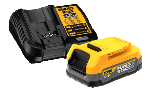 20V DEWALT POWERSTACK compact lithium-ion battery with 1.7Ah capacity and compatible fast charger unit