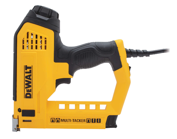 Electric Dewalt 5-in-1 heavy-duty tacker and nailer for staples, cable staples, and finish nails with ergonomic grip