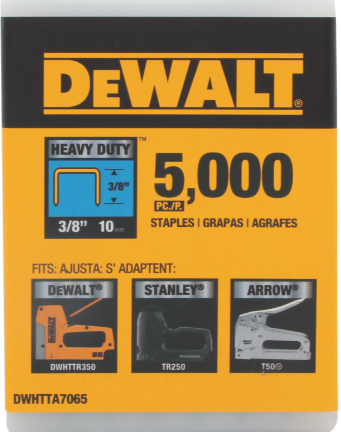 Plastic case of 5000 heavy-duty 3/8 inch staples compatible with Dewalt, Stanley, and Arrow staplers