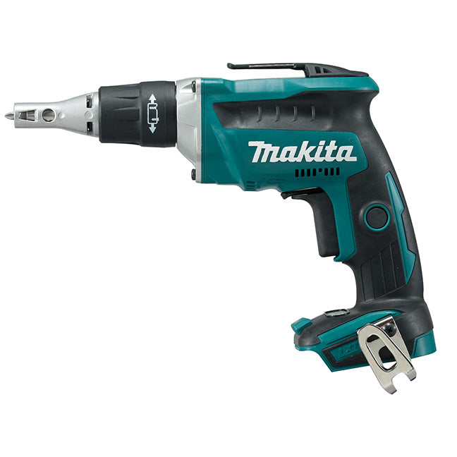 Cordless screwdriver with push-drive technology, variable speed, reversible function, ergonomic grip, and belt clip