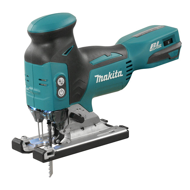 Cordless brushless Makita jigsaw with tool-free blade change, variable speed, and ergonomic grip for smooth cutting control