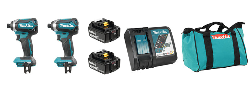 Set of two cordless impact drivers with brushless motors, two 18V 5.0Ah batteries, fast charger, and carrying bag