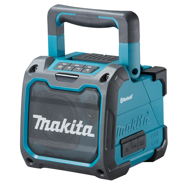 Portable Makita Bluetooth construction site speaker with durable casing and built-in USB charging port