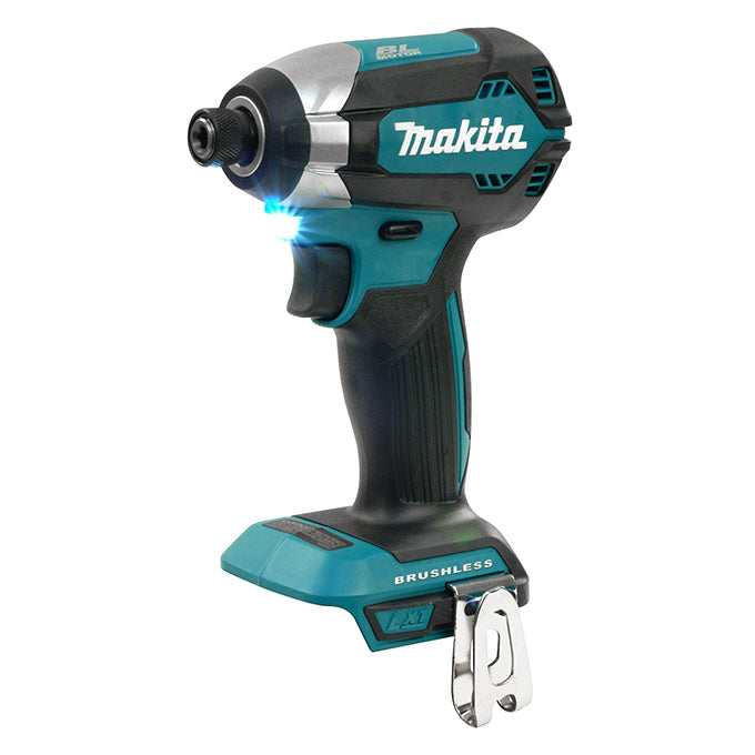 Compact 1/4 inch brushless cordless drill driver with LED light and ergonomic grip for variable speed and reversible operation