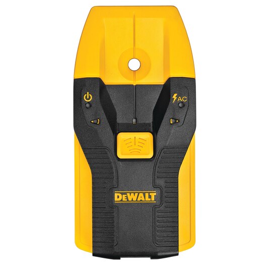 Yellow and black DeWalt stud detector with central detection, AC wiring alert, and ergonomic textured grip design